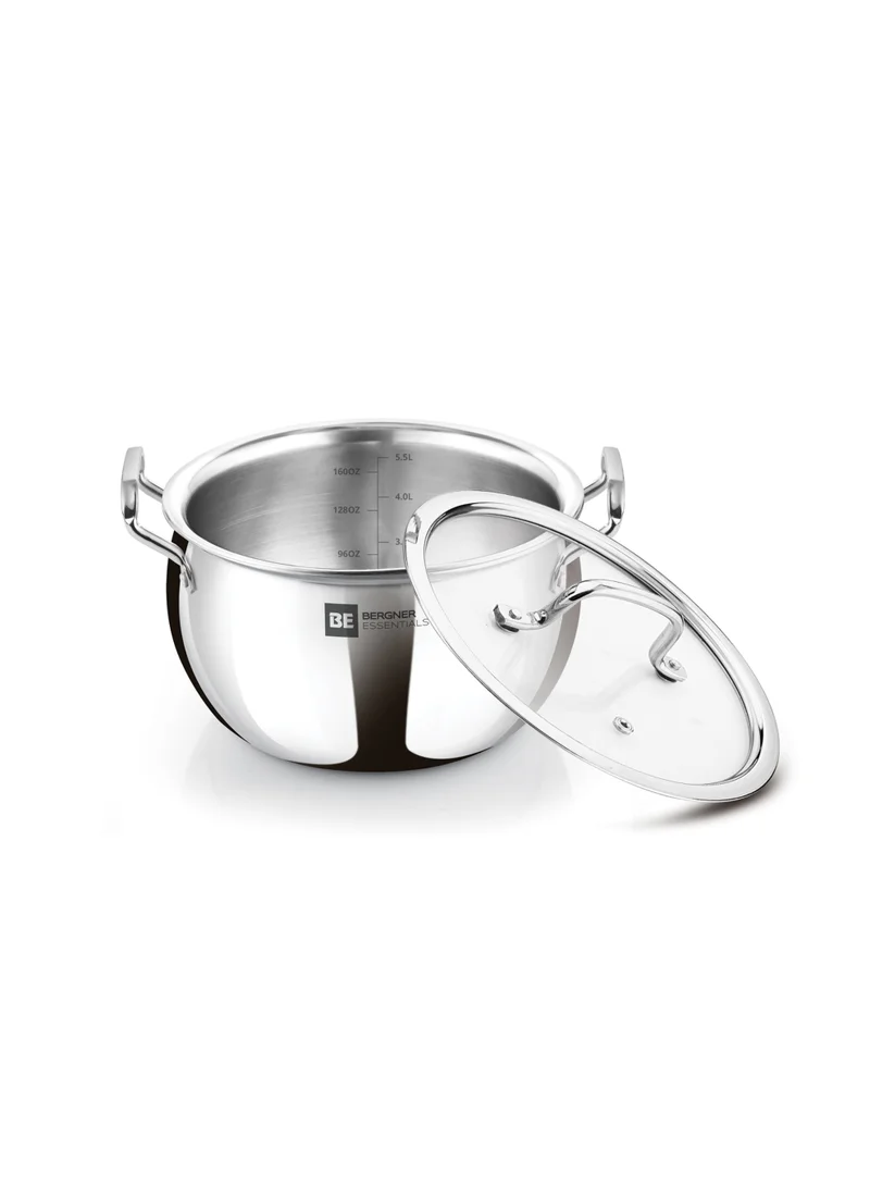 بيرجنر Bergner Essentials 24cm (5.5L) Tri-Ply Stainless Steel Large Rice Pot – Heavy-Duty Healthy Cooking Handi with Glass Lid for Biryani Pulao Soups Curries – Even Heating – Gas & Induction Compatible